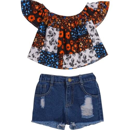 2 Pieces Kids Suit Set, Girls Floral Print Round Neck Fly Sleeve Tops+ Ripped Denim Shorts for Summer