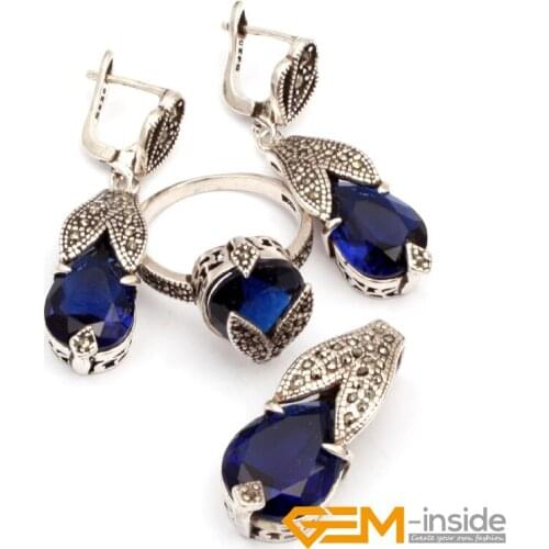 Blue Crystal Antique Tibetan Silver Ring Earrings Pendant Jewelry Sets For Party Women Fashion Christmas Birthday Present Gift