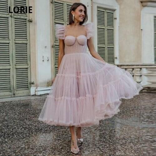 LORIE Short Prom Dress Pink Sweetheart Ruffles Tea Length Tulle Celebrity Wedding Party Dress for Graduation vestidos de fiesta