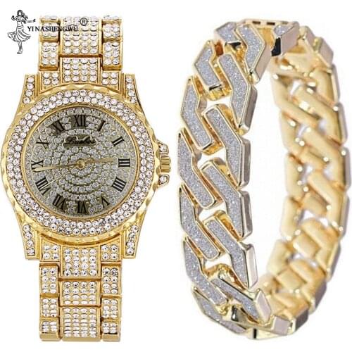 Man Watch 2019 Stainless Steel Bring Bracelet 2pcs/Set Wrist Watch For Men Luxury Casual Quartz Watches Gifts For Men Rhinestone