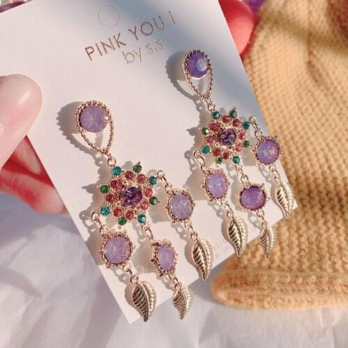 MWsonya Korean Elegant Vintage Crystal Dangle Earrings for Women Leaf Tassel Pendant Rhinestone Drop Earings Party Jewelry
