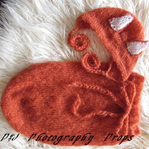 Newborn baby Crochet Mohair Fox Hat and Sleeping Bags Newborn Sleep Sack Set Props Crochet Swaddle Cocoon Newborn Photo Props