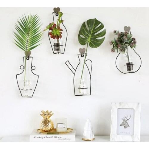 Hot Metal Plant Holder Retro Iron Line Table Flowers Vases Nordic Decoration Home Styles Flower Vase with Glass Bottle