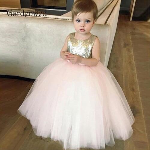 Puffy Gown Pink Skirt Sequin Bodice Scoop Neck Bow Knot Belt Cute Baby Birthday Flower Girl Dresses Girl Kids Prom Dresses
