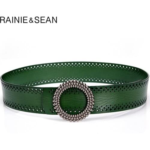 RAINIE SEAN Blackish Green Women Belt No Hole Ladies Belts for Dresses Real Leather High Quality Apparel Accessories 100cm