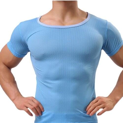 Sexy Mens Breathable Transparent Tight Mesh Undershirt See Through Short Sleeve Fitness Gyms T shirt Tops Tops Sleepwear