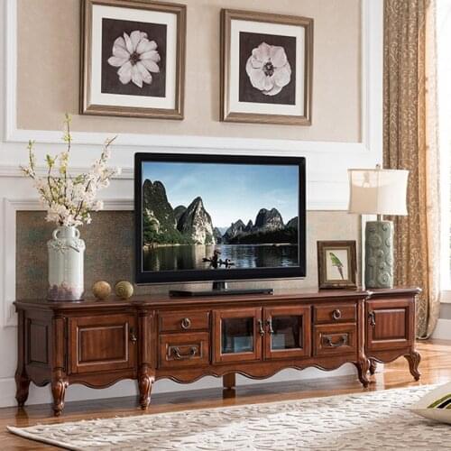 American Solid Wood TV Cabinet Furniture European Style Living Room Multifunctional Retro TV Cabinet Floor Cabinet Wood Drawer