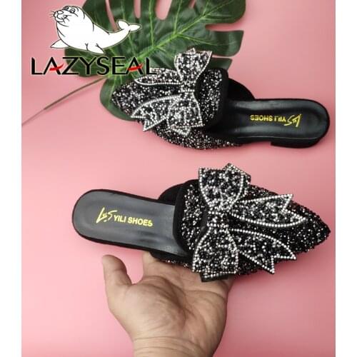 LazySeal Luxury Sequined Bow Pointed Toe Mules Shoes Women Slippers Crystal Butterfly-knot Flip Flops Sequines Slip On Slides