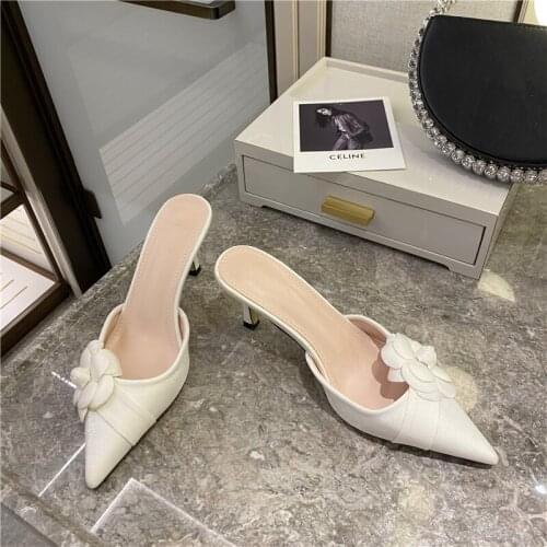 Flower Slides Women Designer Mules Shoes Women Pointed Toe Luxury Slides High Heel Slippers Slip On Flip Flops Party Shoes