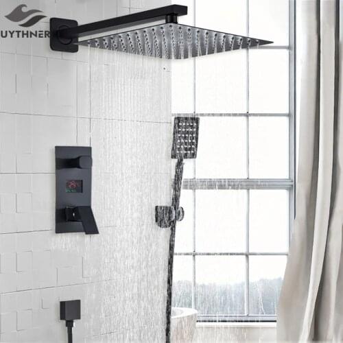 Bathroom Shower 2-Functions Black Digital Shower Faucets Set Rainfall Shower Head 2-way Digital Display Mixer Tap Shower Mixer