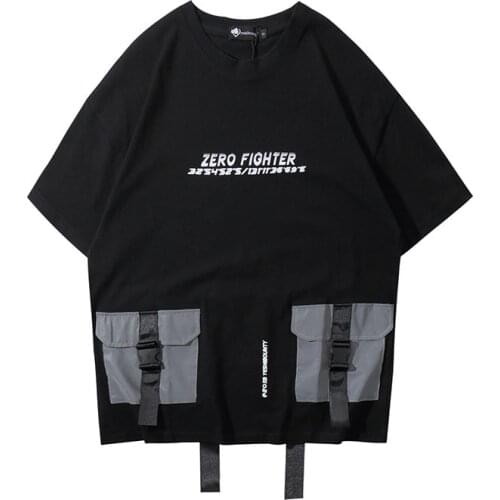 Techwear 3M Reflective Buckle Multi-Pockets Ribbon TShirts Men Hip Hop Tops Tees Streetwear Harajuku Short Sleeve Patch T-Shirts