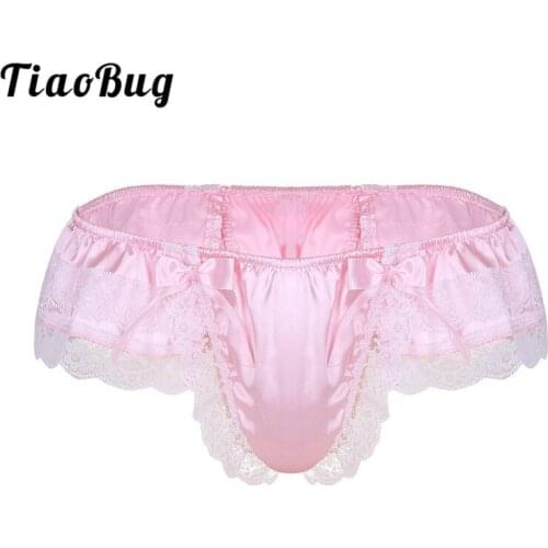 TiaoBug Men Shiny Soft Satin Sissy Panties Lingerie Floral Lace with Big Bowknot Low Rise G-String Thong Hot Sexy Gay Underwear