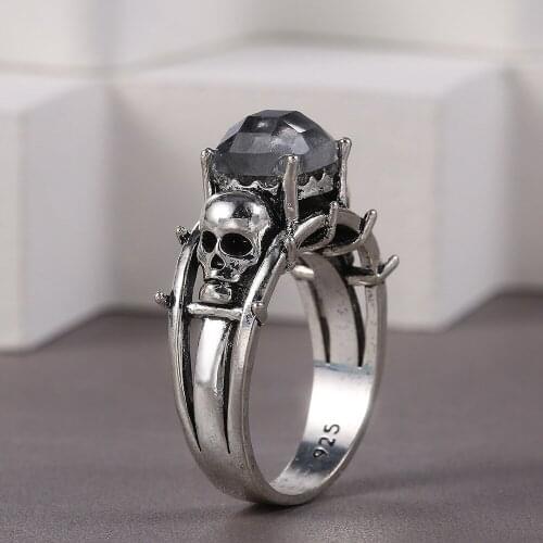 UFOORO Creative Personality Double Skull Ring Punk Rock Style Punk Inlaid Crystal Ring With Gift Box