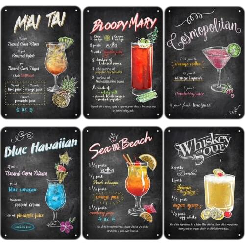 Vintage Bloody Mary Tin Poster Wall Stickers Retro Whiskey Sour Cocktail Metal Plaque Sign Tiki Bar Kitchen Decor