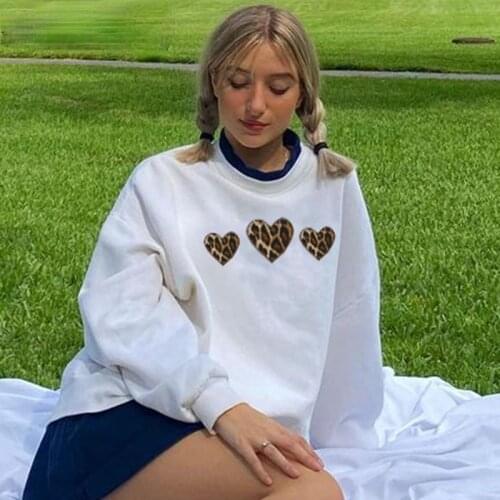 Y2K Vintage Leopard Heart Crewneck Sweatshirts 90s Streetwear Oversized Long Sleeve White Tops Skater Girl Outfits New