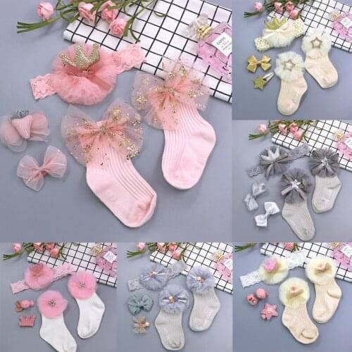 Wecute 5pcs Newborn Baby Socks for Boy Girls Baby Girl Headband Lace Ruffle Tutu Socks Frilly Ankle Princess Anti Slip Socks
