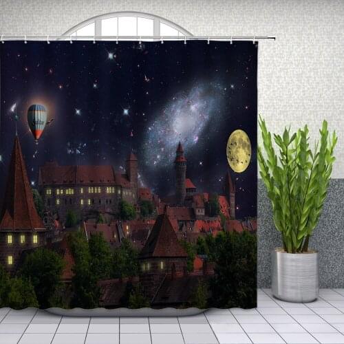 Fairy Forest Castle Shower Curtains Shining Galaxy Hot air Balloon Full Moon Scenery Bathroom Decor Waterproof Cloth Curtain Set