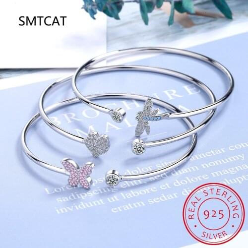 925 Sterling Silver Crystal Butterfly/Dragonfly/Heart Charm Bangles For Women Bracelet &Bangle Wedding Birthday Party Jewelry