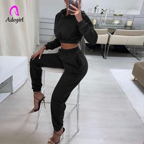 Tracksuit Women 2 Piece Set Fitness Solid Crop Hoodies High Waist Cargo Pants Matching Sporty Set Workout 2021 Autumn Jogger Set