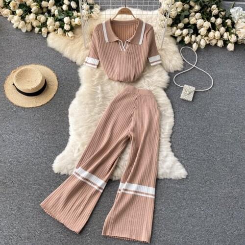 Fashion Women Knitted Suit Short Sleeve Sleeve Lapel Loose Top And Pleated Wide Leg Pants New 2021 Autumn Ladies Casual Outfits