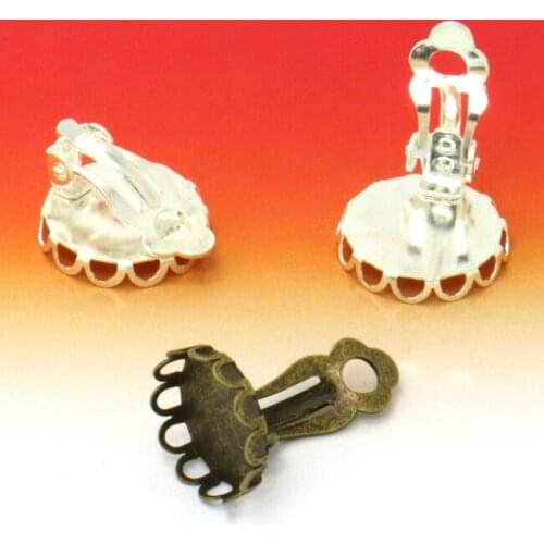 10pcs 12/14mm Silver plated French Earring Hook with inner Lace Bezel Setting Tray for Cameo Cabochons