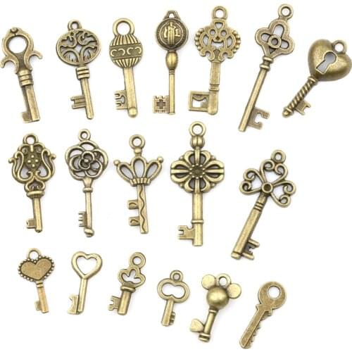 18pcs Jewelry DIY Making Accessories Pendant Vintage Old Look Bronze Keys Heart Bow Necklace Charms DIY Making Findings