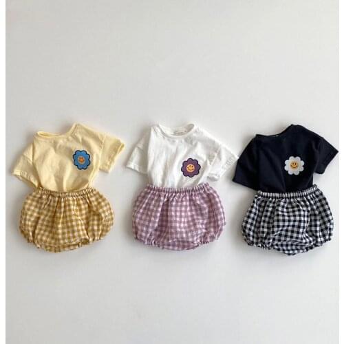 2021 Summer New Toddler Kids Baby Girl Clothes Set Cute Flower Print T Shirt Tops + Plaid Pp Shorts 2pcs Cotton Casual Baby Set