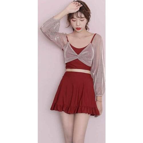 2021 New Swimsuit Split Bikini Two-piece Set Small Chest Gathering Hot Spring Korean Long Sleeve Blouse High Waist Pleated Skirt