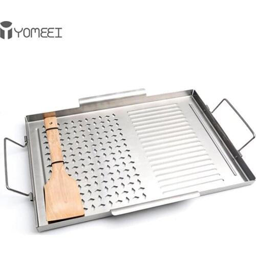 YOMEEI Stainless Steel Grill Pan Non-Stick BBQ Pan Square Barbecue Plate Outdoor Picnic Cooking Tools Barbecue Utensils