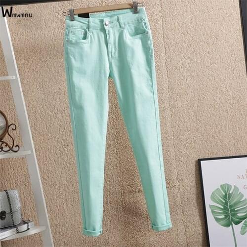 Basic Stretch Ankle-Length Pants Female Casual Candy Color Slim Denim Pencil Pants Women Spring Plus Size Solid 95% Cotton Jeans