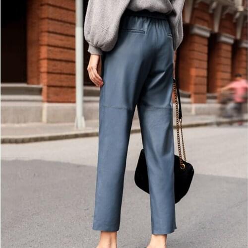 Women Fashion Real Harem Pant Harajuku Streetwear Ladies 2020 New Casual Elastic Waist Lambskin Genuine Leather Trousers