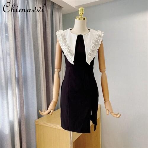 Black and White Contrast Color Diamond-Embedded Split Black Dress Round Collar Sleeveless Ruffled Elegant Short Dress