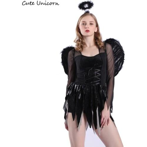Black Devil Fallen Angel Dress With Wings Headwear Women Sexy Vampire Cosplay Costume Halloween Party Clothes Witch Fancy Dress