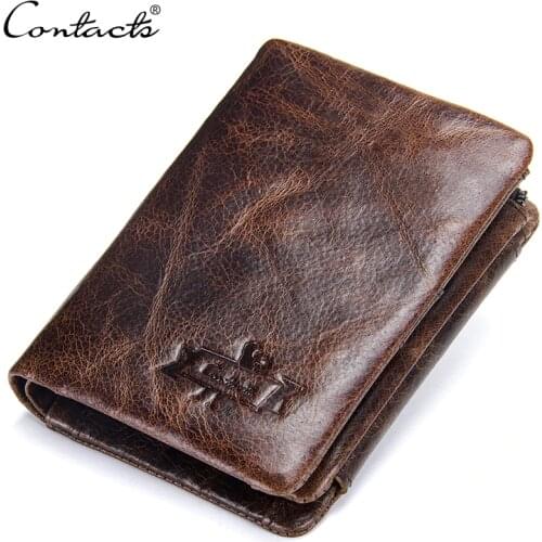 CONTACTS men wallets genuine leather vintage short wallet man slim card holder luxury brand male small coin purse portefeuille