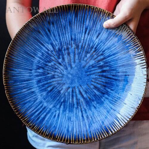 ANTOWALL Western Style Ceramic Food Plate Blue Color Steak Dish Pasta Plate Restaurant Special Dinnerware Home 11inch Big Plate