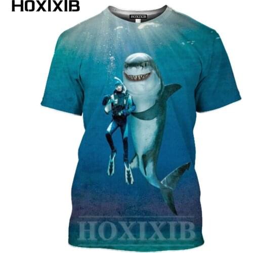 HOXIXIB Shark T Shirt Men Short Sleeve 3D Print Vertebrate Fierce Marine Life Women Tshirt Prey Fish Tops Group Photo Unisex Tee