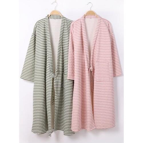 Autumn Winter Couples Dressing Gown Men Women Japanese Kimono Robe Long Style 100% Cotton Stripe Bathrobe Kimono Mariage