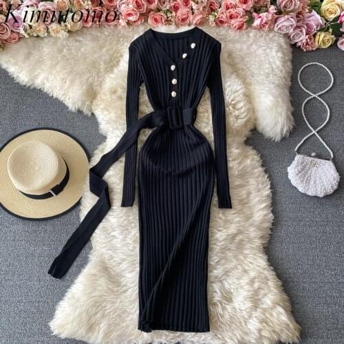 Kimutomo Elegant New Spring Autumn 2021 Women Knitted Dress V-neck Sweater Dresses Lady Slim Sashes Bodycon Vestidos Chic