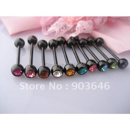 NEW LOT50pcs Crystal Black Stainless Steel Tongue Nipple Ring Bar 14gx16mm Body Jewelry