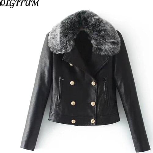 2019 Winter New PU leather Cotton Jacket High Quality Winter Black Coat Double-Breasted Big Fur Collar Slim Thick Warm Coat Park