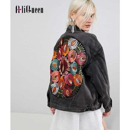 2020 Women Boho Oversized Luxury Floral Embroidered Denim Jacket Streetwear Casual Chic Black Loose Jeans Jacket Coat Plus Size