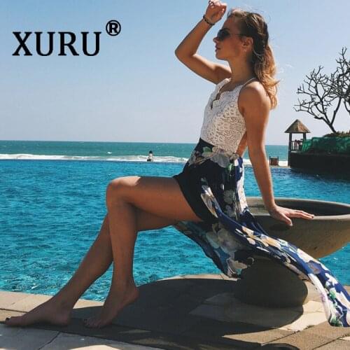 XURU summer dress new lace chiffon dress stitching print strap V-neck holiday beach long dress split dress