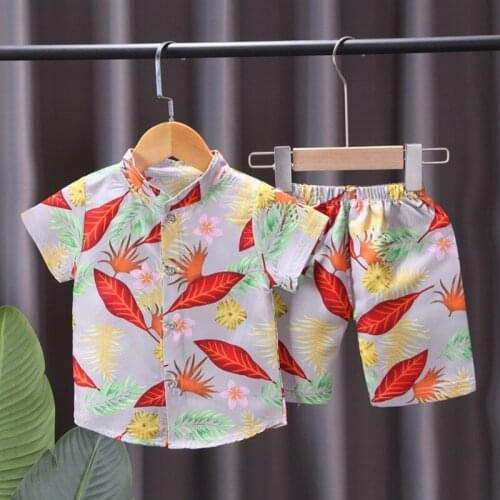 Summer Boys Clotehs Tropical Style Printing Leaf Cotton Sports Leisure Children Suit T Shirt + Beach Shorts Clothes Sets
