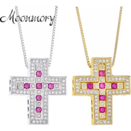 Moonmory 100% Real 925 Sterling Silver 4 Style Double Cross Pendant Necklace Red CZ Zircon Long Chian Jewelry 2021 New Arrivals