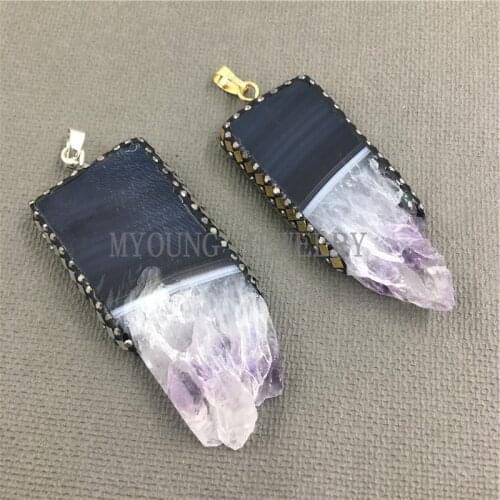 MY1029 Rectangle Amethysts Druzy Pendant Charm Pave Rhinestone Abalone Shell Jewelry Accessories