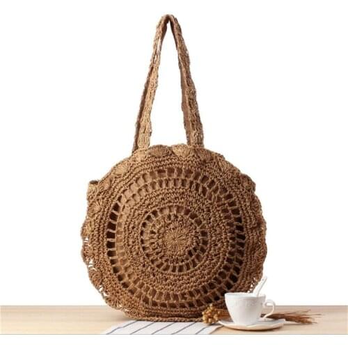 New Womens Simple Hollow-out Crochet Beach Bag Round Shoulder Shopping Bag Handmade Soft Straw Bag IL00583