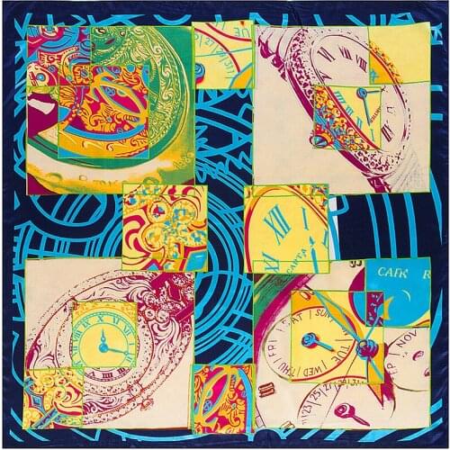 POBING New Square Hijab Scarf Women Geometric Watch Print Soft Satin Silk Scarves Head Handkerchief Wholesale Shawl Wrap 90x90CM