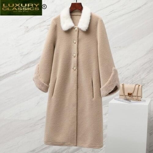 Coat Real Female Fur Fashion Winter Wool Women Jacket with Mink Fur Collar 2021 Korean Elegant Cashmere Coats DVN19C2909