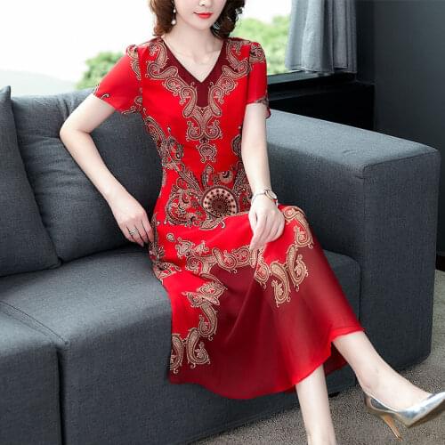 Plus Size L-5XL Chiffon Dress Female 2020 Summer Vintage Lady Printing Dress Elegant V-Neck Women Chinese Long Dress Vestido