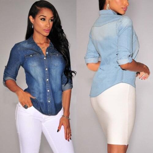 New Womens Retro Blue Jean Soft Denim Long Sleeve Casual Shirt Tops Blouse S-XL